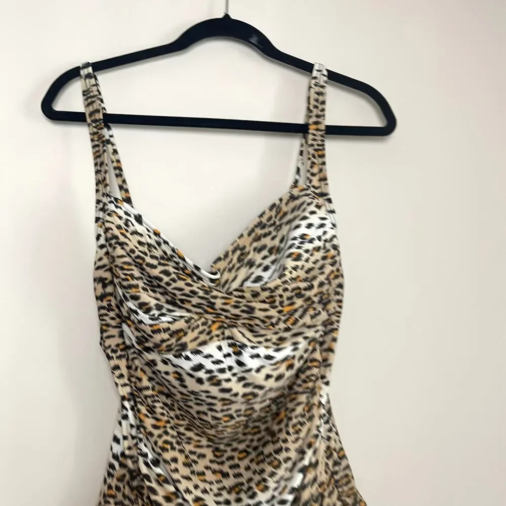 Emerald Bay‎ Leopard RUched SweetHeart Neckline Pull On One Piece Swimsuit Sz 14